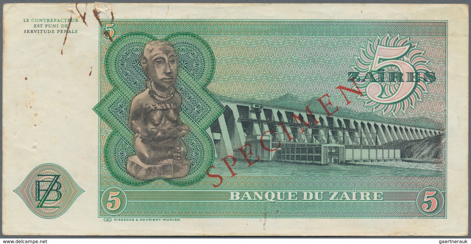 Zaire: Banque Du Zaïre 5 Zaires 1972 Front And Reverse Proof With Additional Text "Wertlos Giesecke - Zaire