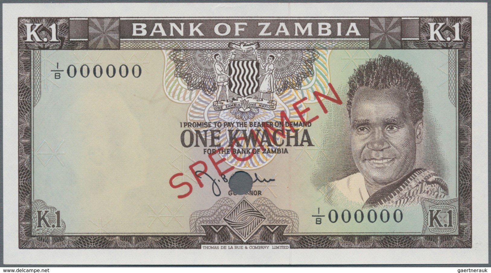 Zambia / Sambia: Bank Of Zambia 1 Kwacha ND(1968) SPECIMEN, P.5s In Perfect UNC Condition - Sambia