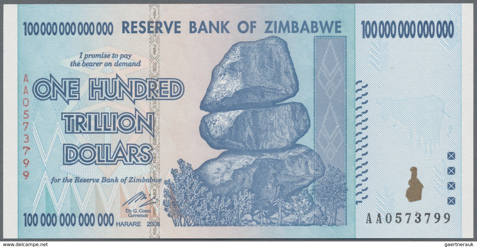 Zimbabwe: Set of 4 banknotes 10, 20, 50 and 100 Trillion Dollars 2008, P. 85-91 in UNC condition. Wo