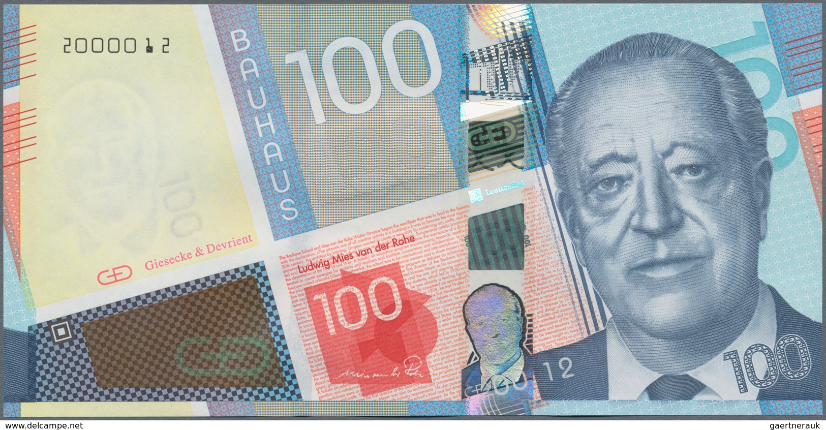 Testbanknoten: Test Note „100“ By Giesecke & Devrient With The Portrait Of Ludwig Mies Van Der Rohe, - Specimen