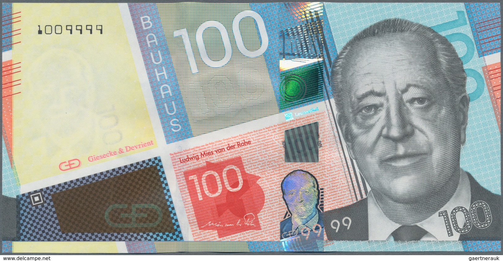 Testbanknoten: Test Note „100“ By Giesecke & Devrient With The Portrait Of Ludwig Mies Van Der Rohe, - Specimen