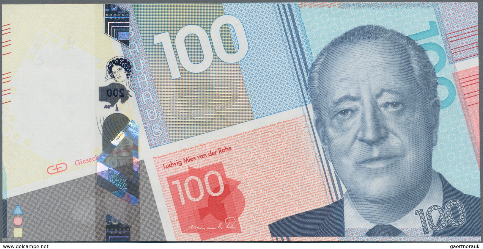 Testbanknoten: Test Note „100“ By Giesecke & Devrient With The Portrait Of Ludwig Mies Van Der Rohe, - Fiktive & Specimen