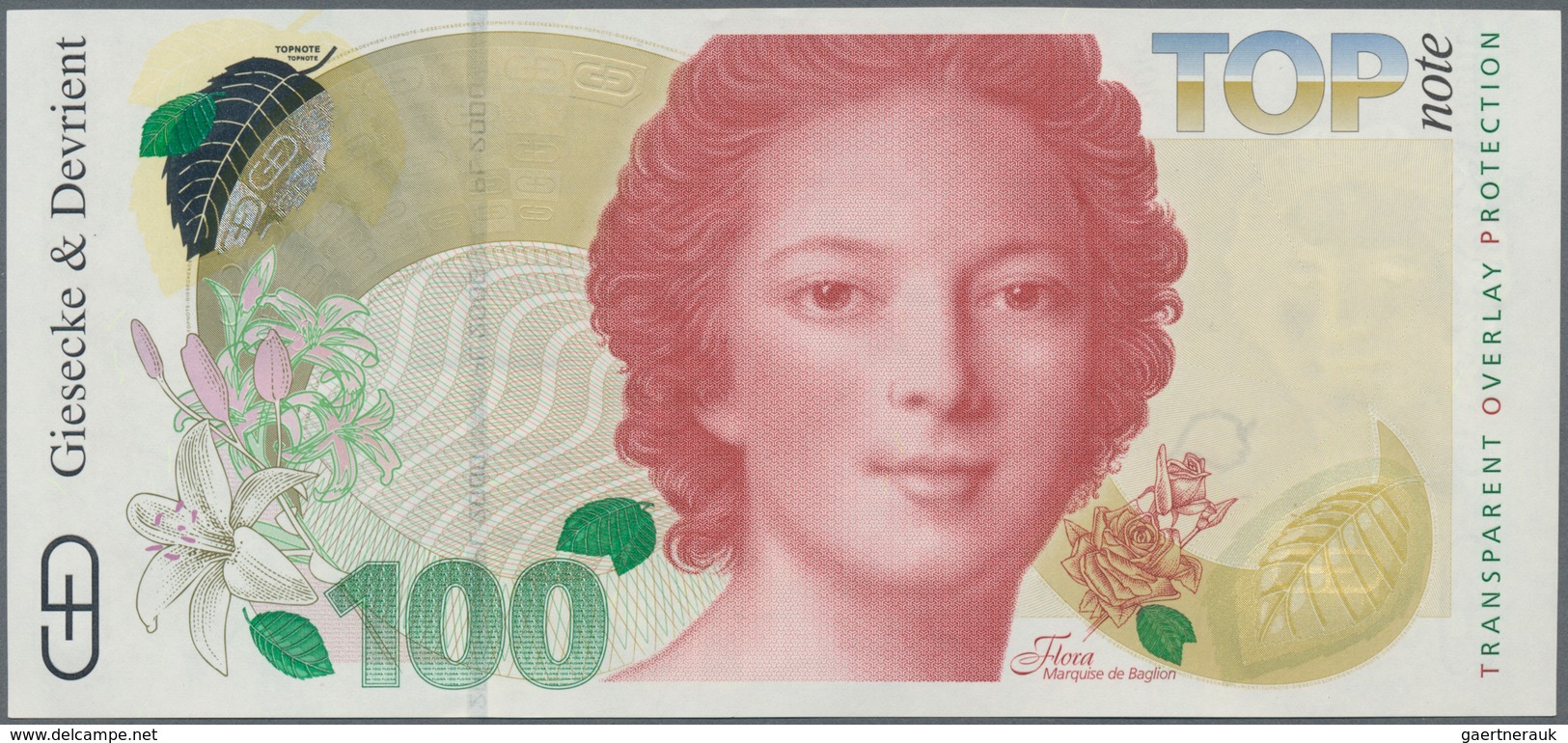 Testbanknoten: Intaglio Printed Test Note By Giesecke & Devrient “100 Flora – Marquise De Baglion” W - Fiktive & Specimen