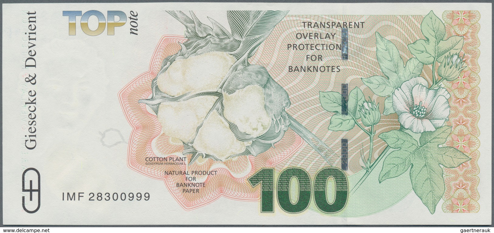 Testbanknoten: Intaglio Printed Test Note By Giesecke & Devrient “100 Flora – Marquise De Baglion” W - Specimen