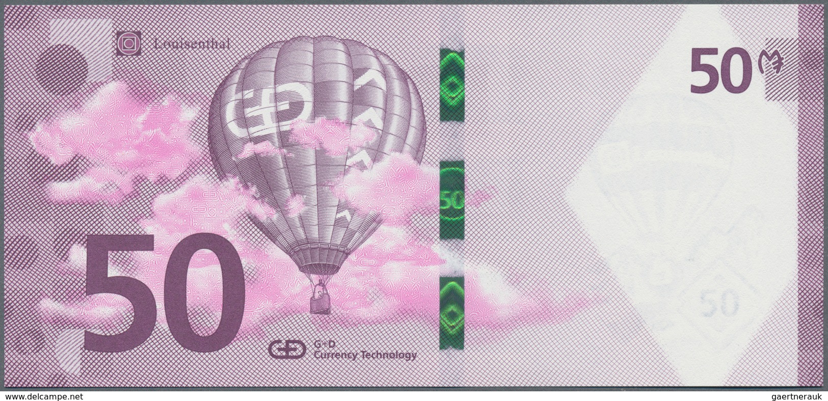 Testbanknoten: Uniface Test Note By Louisenthal “50 Balloon” With Wide Segmented Security Thread. Co - Fiktive & Specimen