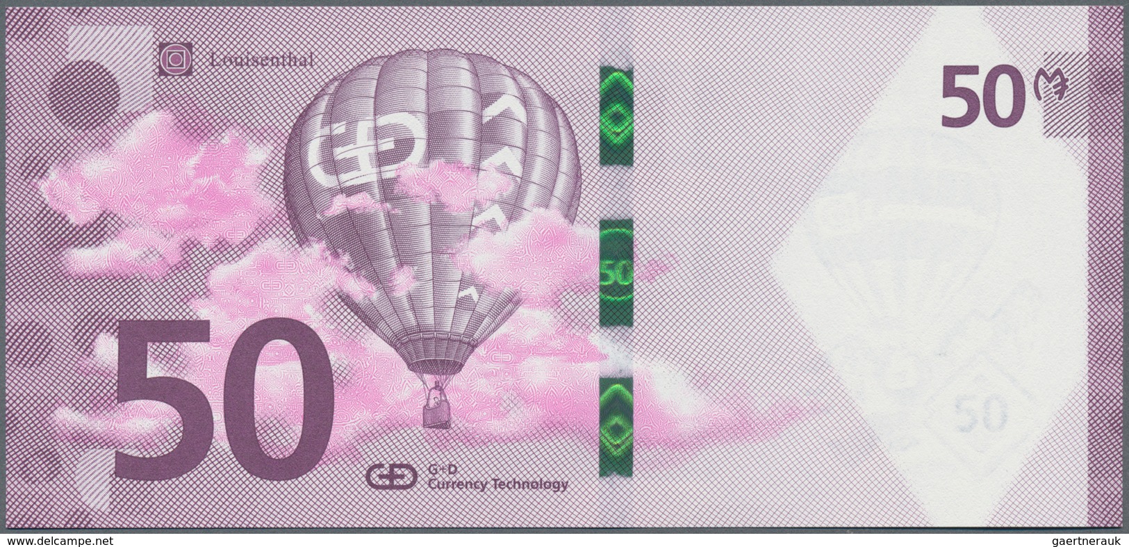 Testbanknoten: Uniface Test Note By Louisenthal “50 Balloon” With Wide Segmented Security Thread. Co - Specimen
