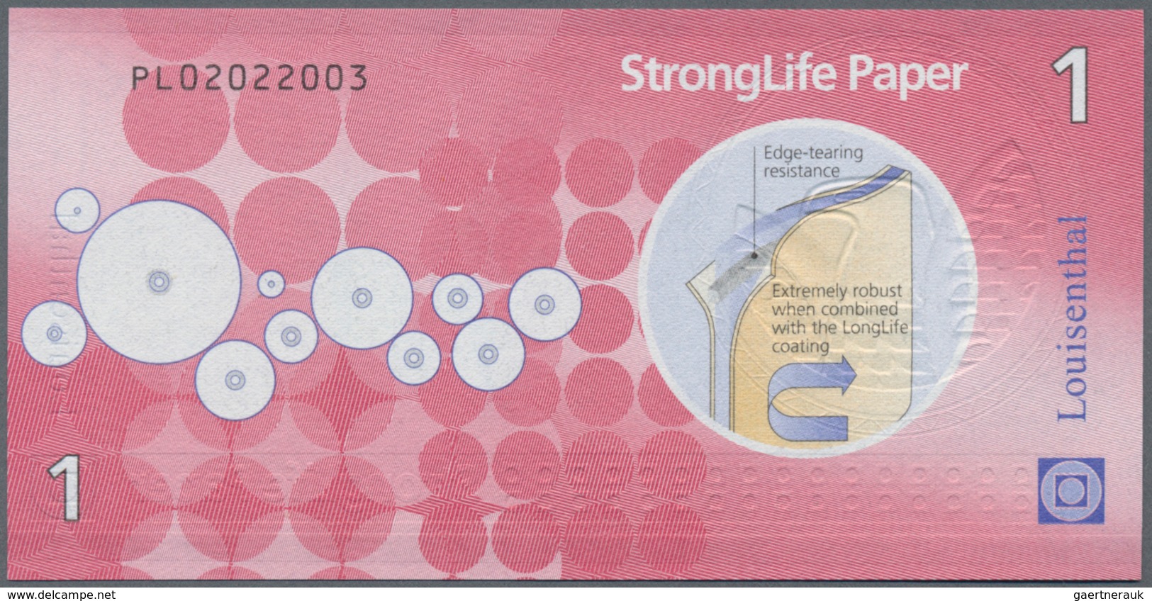 Testbanknoten: Test Note Louisenthal “1 – StrongLife Paper” With Syntech-Substrate. Condition: UNC - Ficción & Especímenes