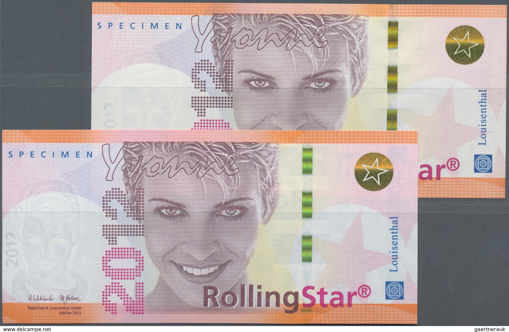 Testbanknoten: Pair Of The Test Note GIESECKE & DEVRIENT / LOUISENTHAL Germany, "Yvonne 2012" Featur - Ficción & Especímenes