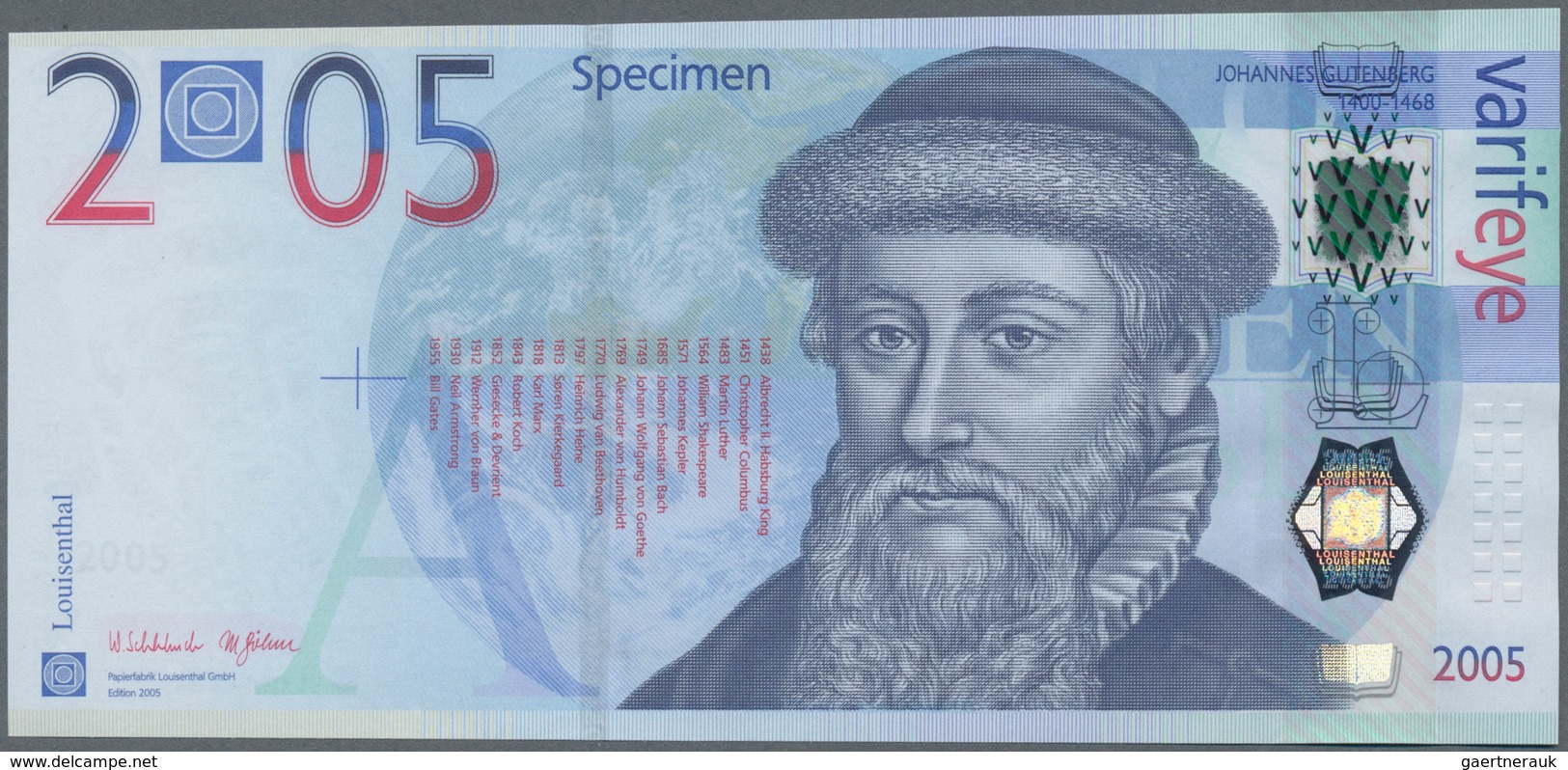 Testbanknoten: HYBRID Test Note PAPIERFABRIK LOUISENTHAL With Portrait Of “Johannes Gutenberg”, Wind - Specimen