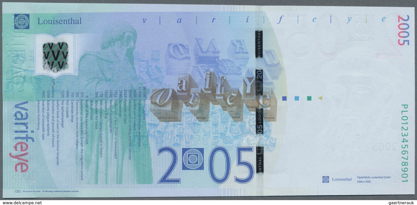 Testbanknoten: HYBRID Test Note PAPIERFABRIK LOUISENTHAL With Portrait Of “Johannes Gutenberg”, Wind - Specimen