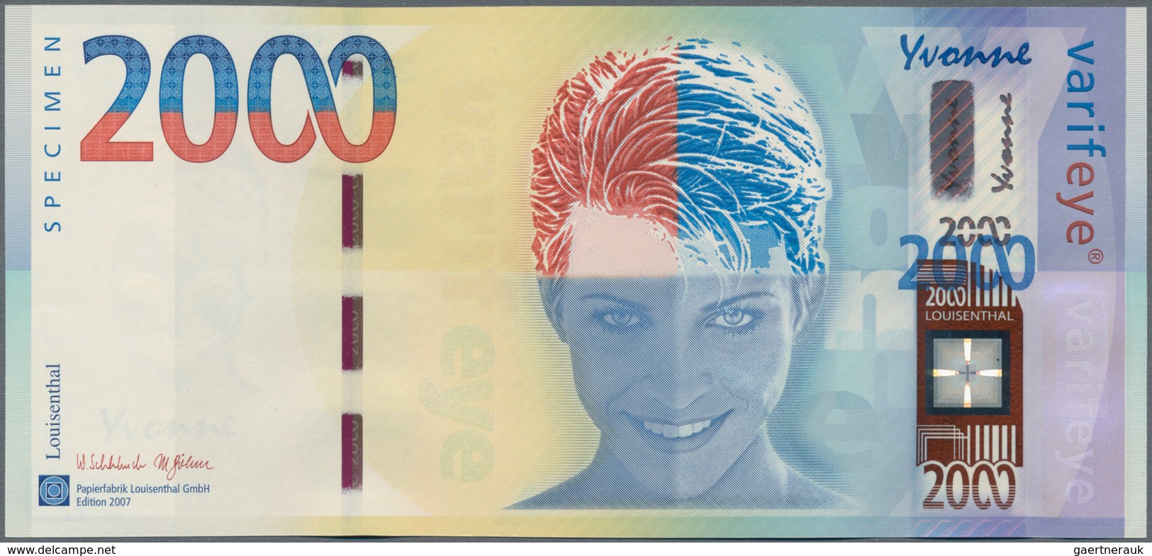 Testbanknoten: Test Note GIESECKE & DEVRIENT / LOUISENTHAL Germany, "Yvonne 2007" Featuring A Broad - Specimen