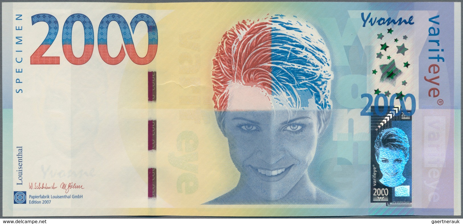 Testbanknoten: Test Note GIESECKE & DEVRIENT / LOUISENTHAL Germany, "Yvonne 2007" Featuring A Broad - Specimen