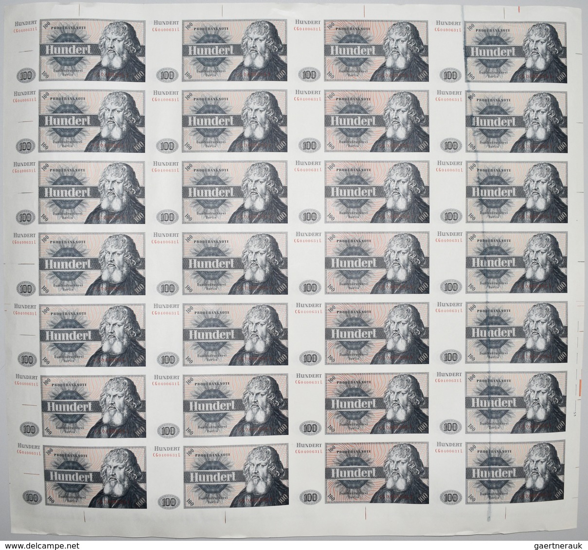 Testbanknoten: Complete Uncut Paper Sheet With 28 Notes "100" Bundesdruckerei ND(1980's), Intaglio P - Fiktive & Specimen
