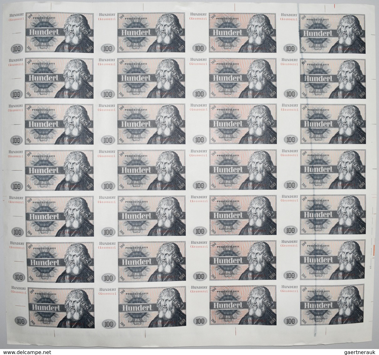 Testbanknoten: Complete Uncut Paper Sheet With 28 Notes "100" Bundesdruckerei ND(1980's), Intaglio P - Specimen