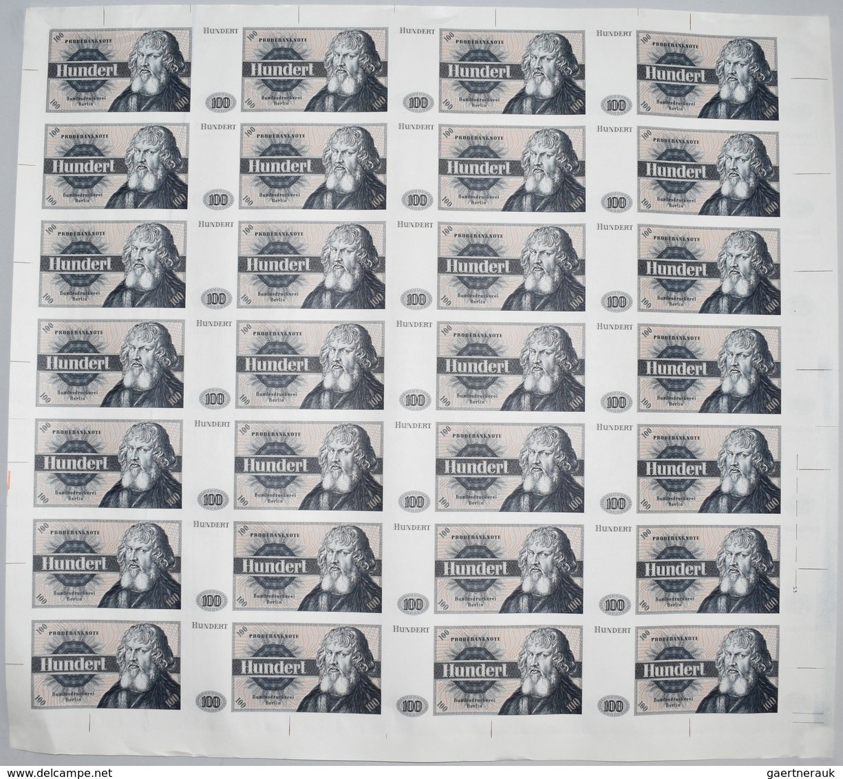 Testbanknoten: Complete Uncut Paper Sheet With 28 Notes "100" Bundesdruckerei ND(1980's), Intaglio P - Ficción & Especímenes