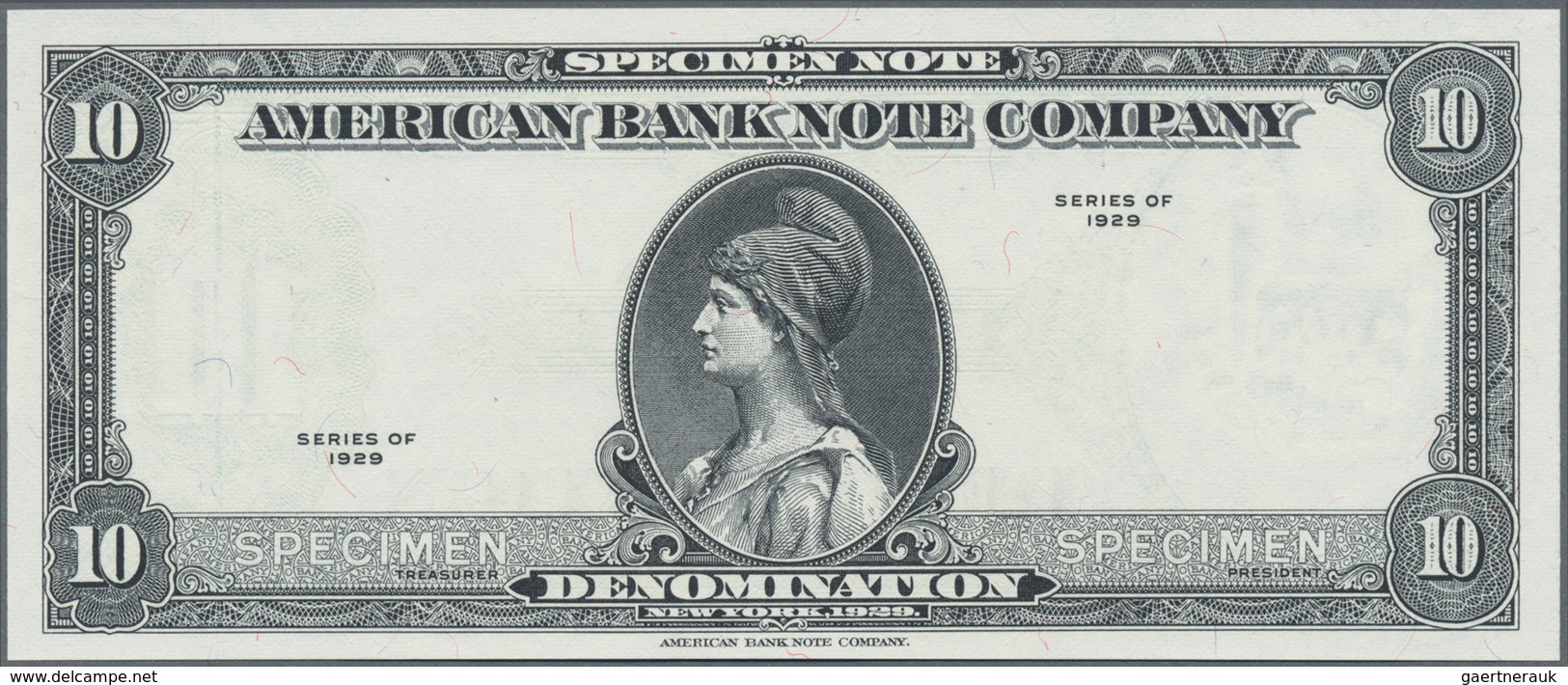 Testbanknoten:  American Banknote Company 10 Dollars 1929 SPECIMEN Intaglio Printed Test Note In UNC - Specimen