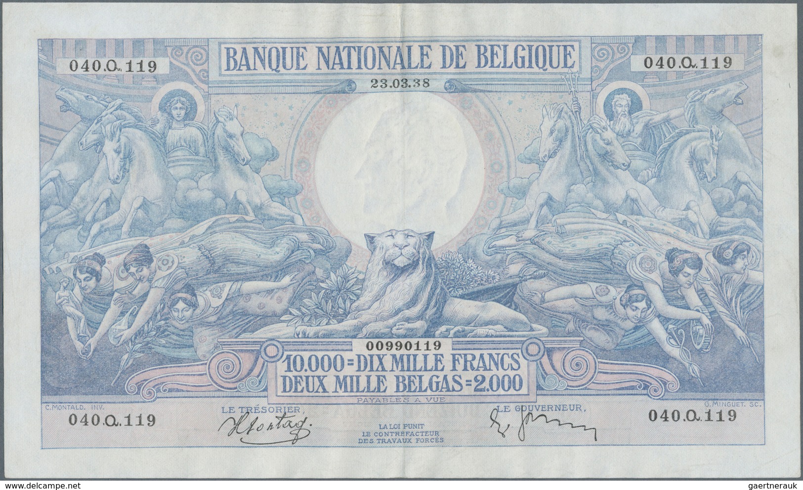 Belgium / Belgien: 10.000 Francs = 2000 Belgas 1938, P.105, Highest Denomination Of This Series And - Sonstige & Ohne Zuordnung