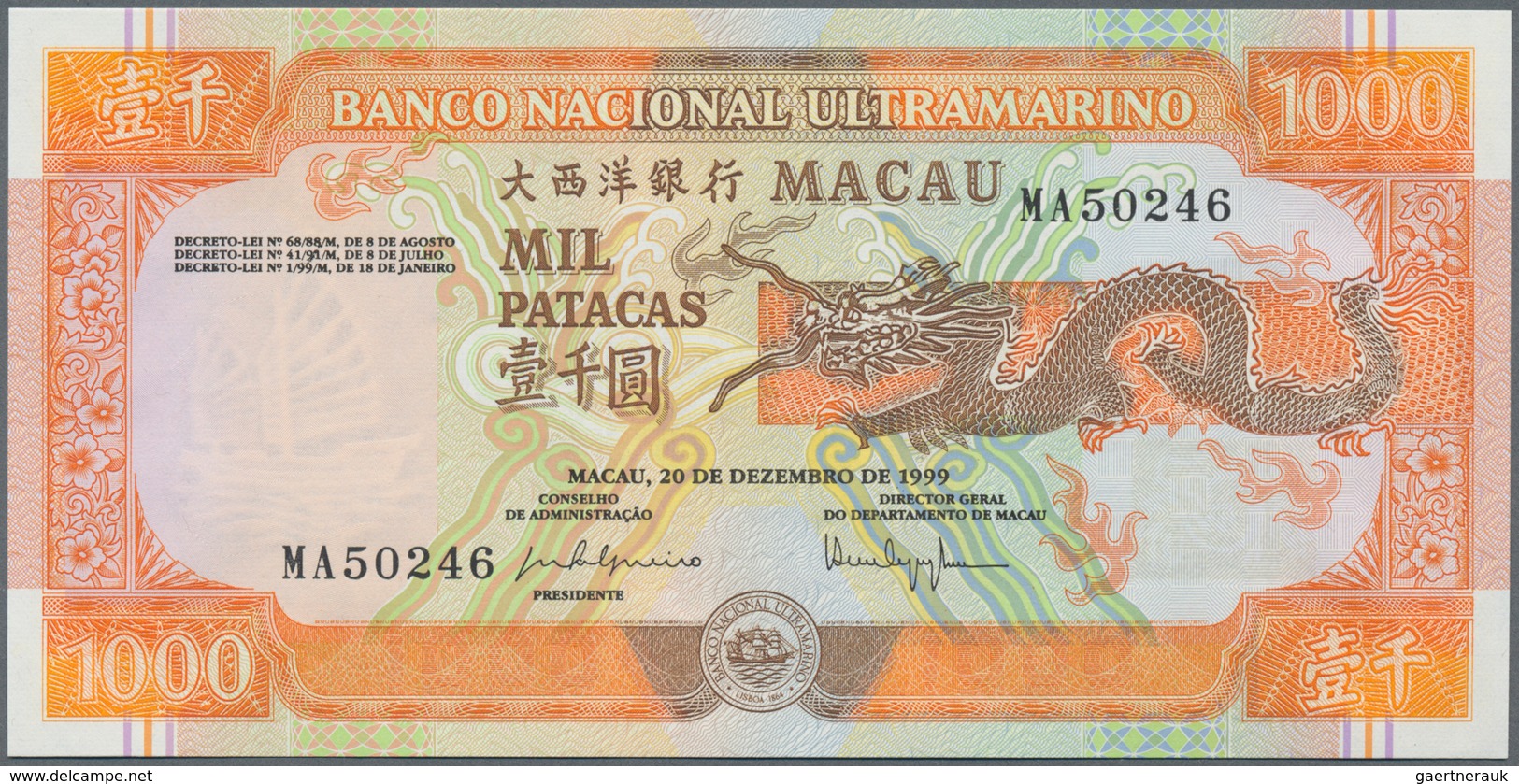 Macau / Macao: Original folder by the Banco Nacional Ultramarino for the issue of the new banknote s