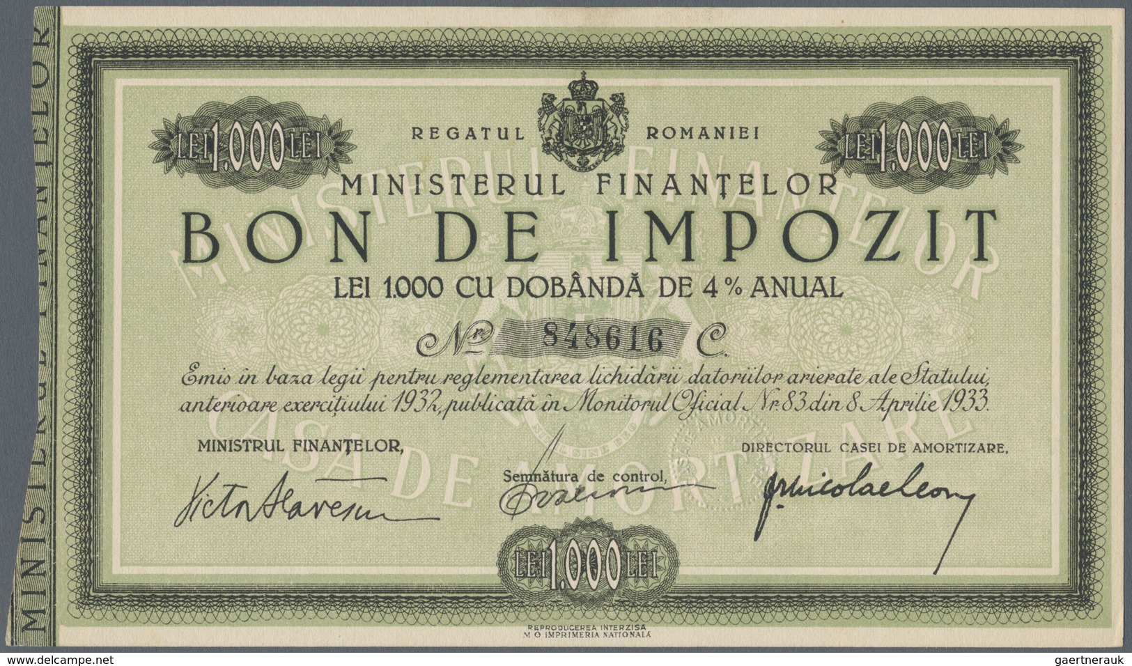 Romania / Rumänien: Set With 2 Pcs. BON DE IMPOZIT 500 And 1000 Lei 1933, P.NL In UNC Condition. (2 - Rumania