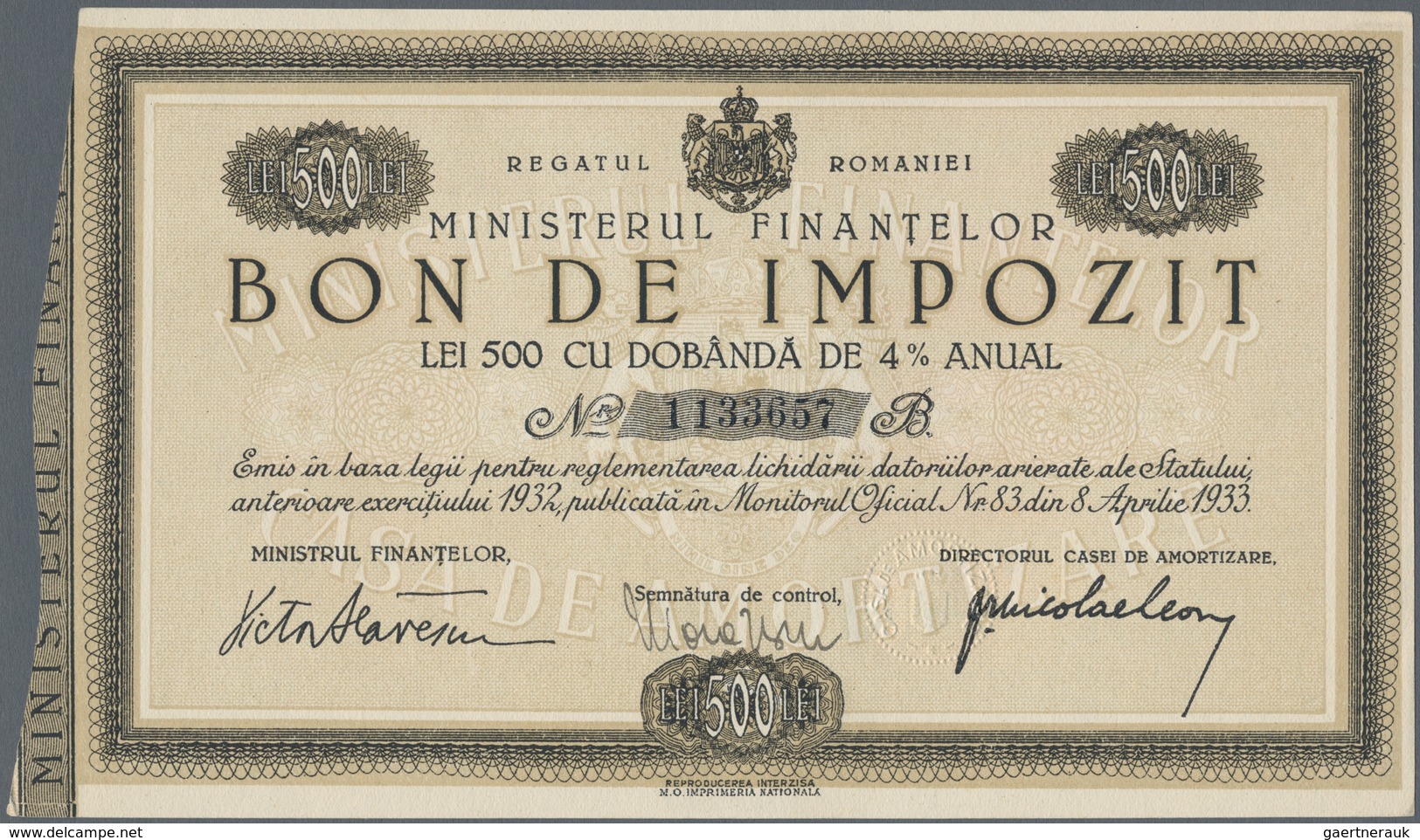 Romania / Rumänien: Set With 2 Pcs. BON DE IMPOZIT 500 And 1000 Lei 1933, P.NL In UNC Condition. (2 - Rumania