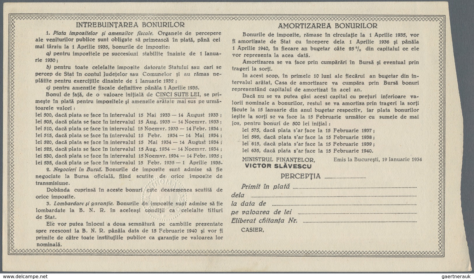 Romania / Rumänien: Set With 2 Pcs. BON DE IMPOZIT 500 And 1000 Lei 1933, P.NL In UNC Condition. (2 - Roemenië
