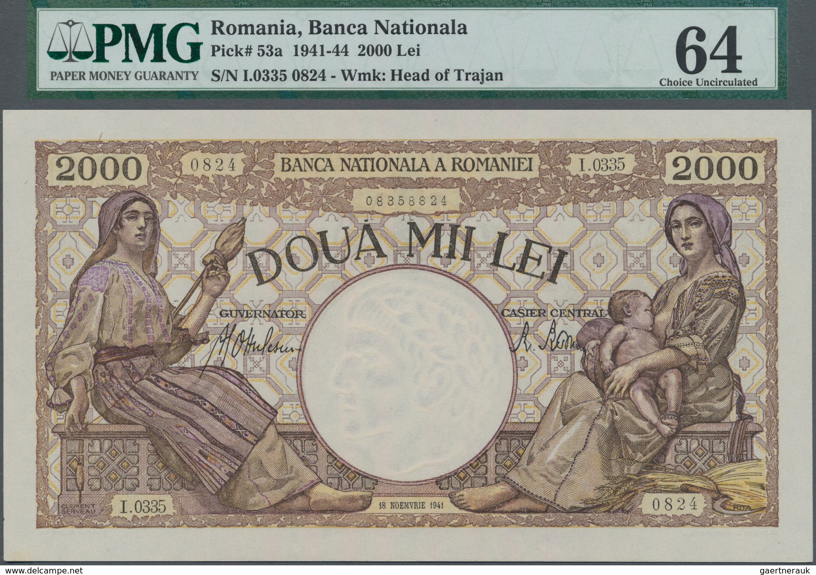 Romania / Rumänien: 2000 Lei 1941, P.53a, PMG Graded 64 Choice Uncirculated - Rumania