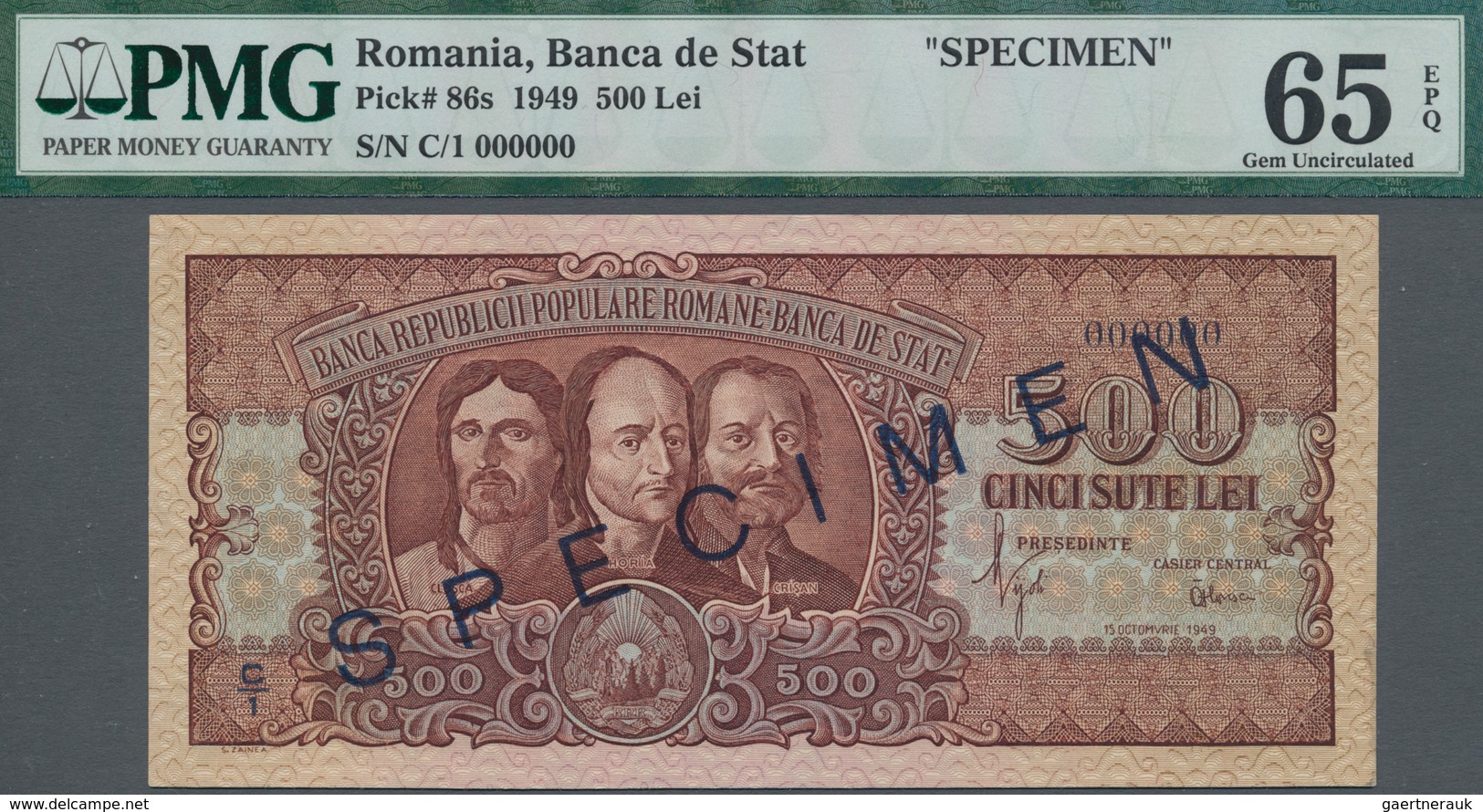 Romania / Rumänien: 500 Lei 1949 SPECIMEN, P.86s, PMG Graded 65 Gem Uncirculated EPQ - Rumania