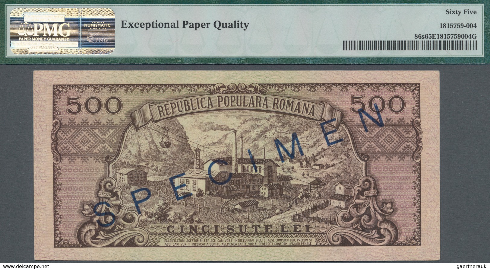 Romania / Rumänien: 500 Lei 1949 SPECIMEN, P.86s, PMG Graded 65 Gem Uncirculated EPQ - Roemenië