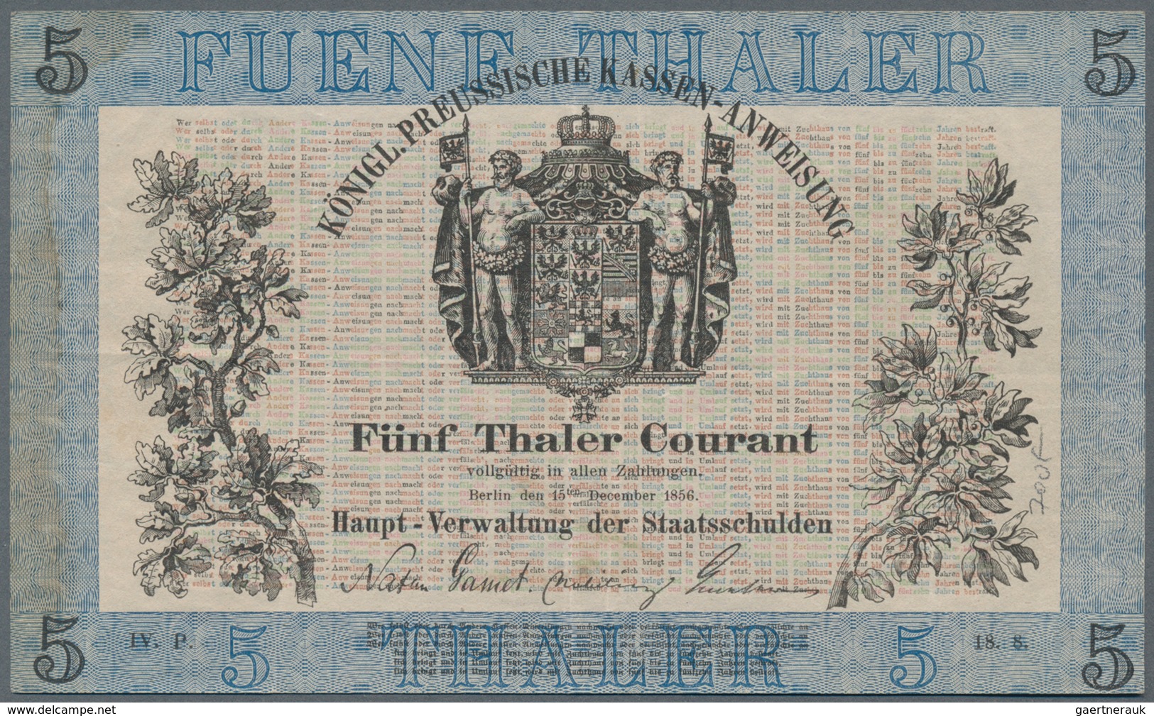 Deutschland - Altdeutsche Staaten: Königl. Preussische Kassen-Anweisung 5 Tahler Courant 1856, PiRi - [ 1] …-1871 : German States