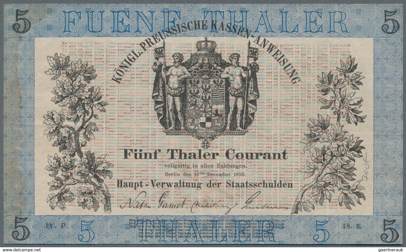 Deutschland - Altdeutsche Staaten: Königl. Preussische Kassen-Anweisung 5 Tahler Courant 1856, PiRi - [ 1] …-1871 : Etats Allemands