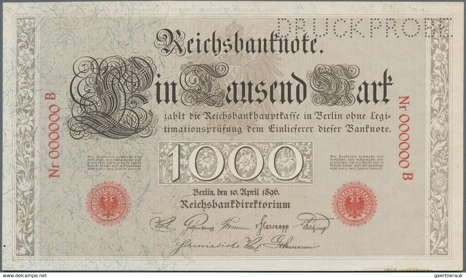 Deutschland - Deutsches Reich Bis 1945: 1000 Mark 1896 MUSTER, Ro.16P Mit KN 000000B Und Perforation - Sonstige & Ohne Zuordnung