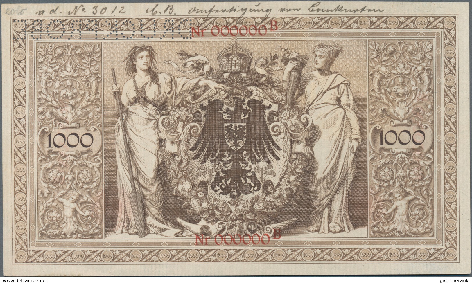 Deutschland - Deutsches Reich Bis 1945: 1000 Mark 1896 MUSTER, Ro.16P Mit KN 000000B Und Perforation - Otros & Sin Clasificación