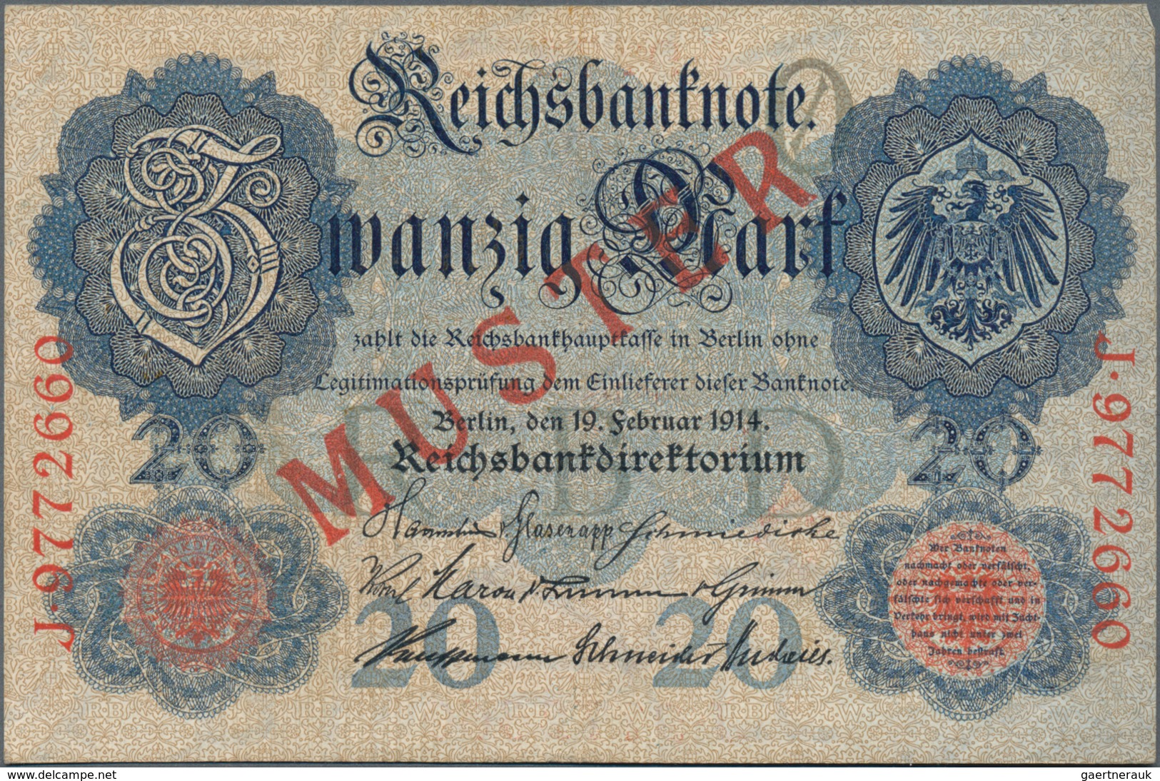 Deutschland - Deutsches Reich Bis 1945: 20 Mark 1914 Muster Aus Laufender Serie, Mit KN J9772660 Und - Other & Unclassified