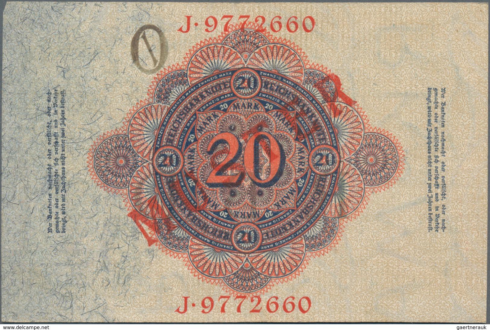 Deutschland - Deutsches Reich Bis 1945: 20 Mark 1914 Muster Aus Laufender Serie, Mit KN J9772660 Und - Sonstige & Ohne Zuordnung