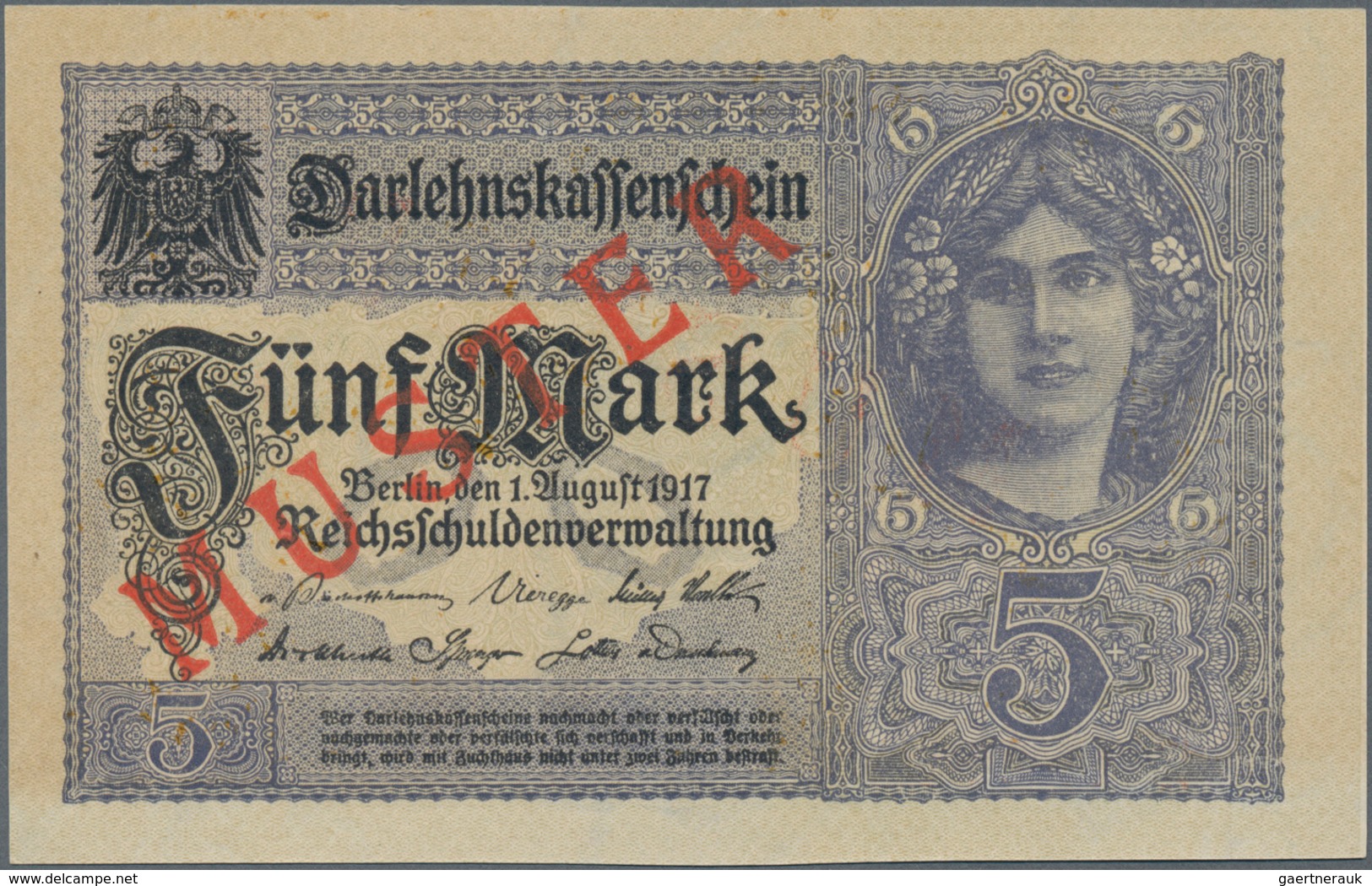 Deutschland - Deutsches Reich Bis 1945: 5 Mark 1917 Muster Aus Laufender Serie Mit KN Z15031727 Und - Other & Unclassified