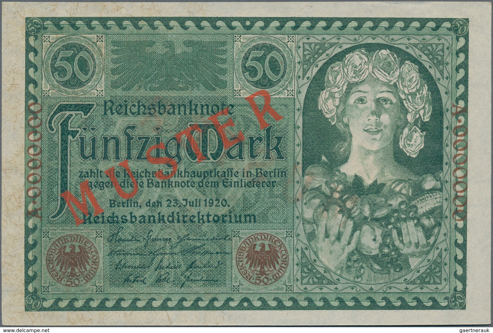 Deutschland - Deutsches Reich Bis 1945: 50 Mark 1920 MUSTER, Ro.66M Mit KN A0000000 Und Rotem Überdr - Sonstige & Ohne Zuordnung