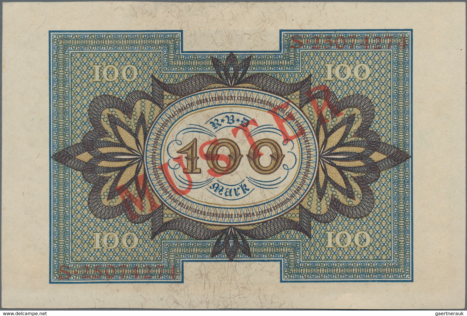 Deutschland - Deutsches Reich Bis 1945: 100 Mark 1920 Muster Aus Laufender Serie S25074274 Und Rotem - Sonstige & Ohne Zuordnung