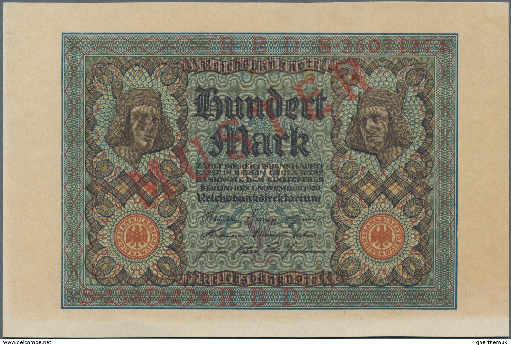 Deutschland - Deutsches Reich Bis 1945: 100 Mark 1920 Muster Aus Laufender Serie S25074274 Und Rotem - Autres & Non Classés