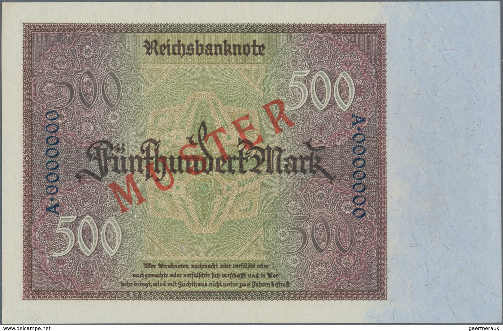 Deutschland - Deutsches Reich Bis 1945: 500 Mark 1922 MUSTER, Ro.70M Mit KN A0000000 Und Rotem Überd - Altri & Non Classificati