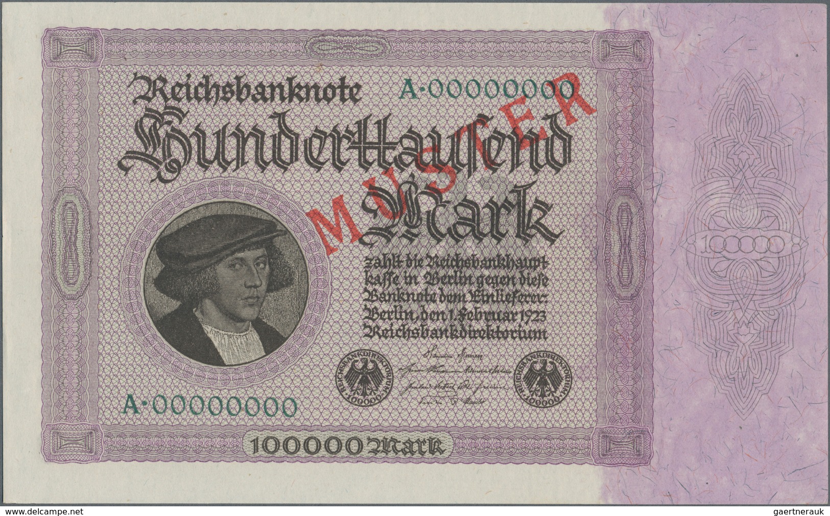 Deutschland - Deutsches Reich Bis 1945: 100.000 Mark 1923 MUSTER, Ro.82M, Mit KN A00000000 Und Rotem - Otros & Sin Clasificación