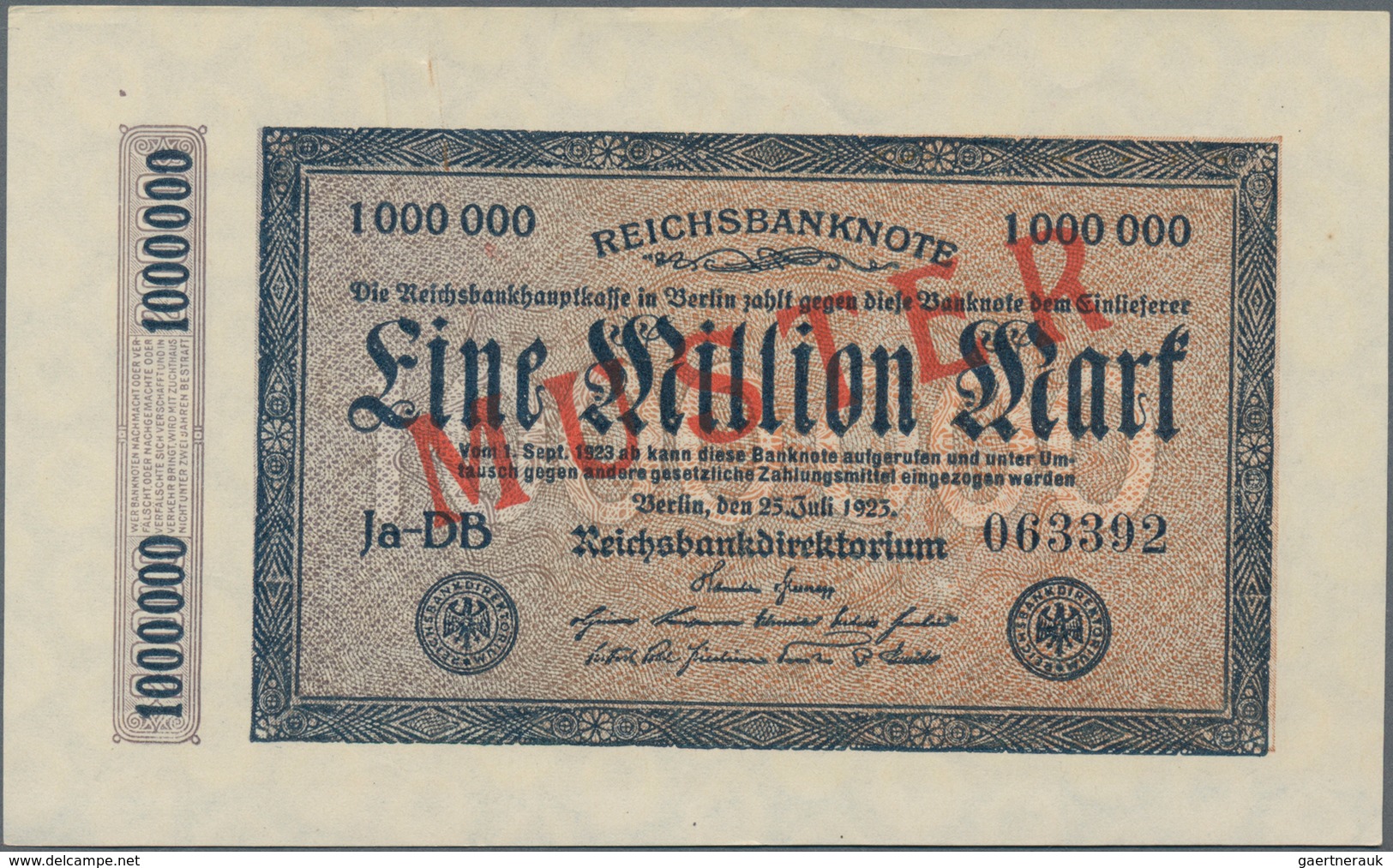 Deutschland - Deutsches Reich Bis 1945: 1 Million Mark 1923 Muster Aus Laufender Serie Mit Fz. DB, K - Other & Unclassified