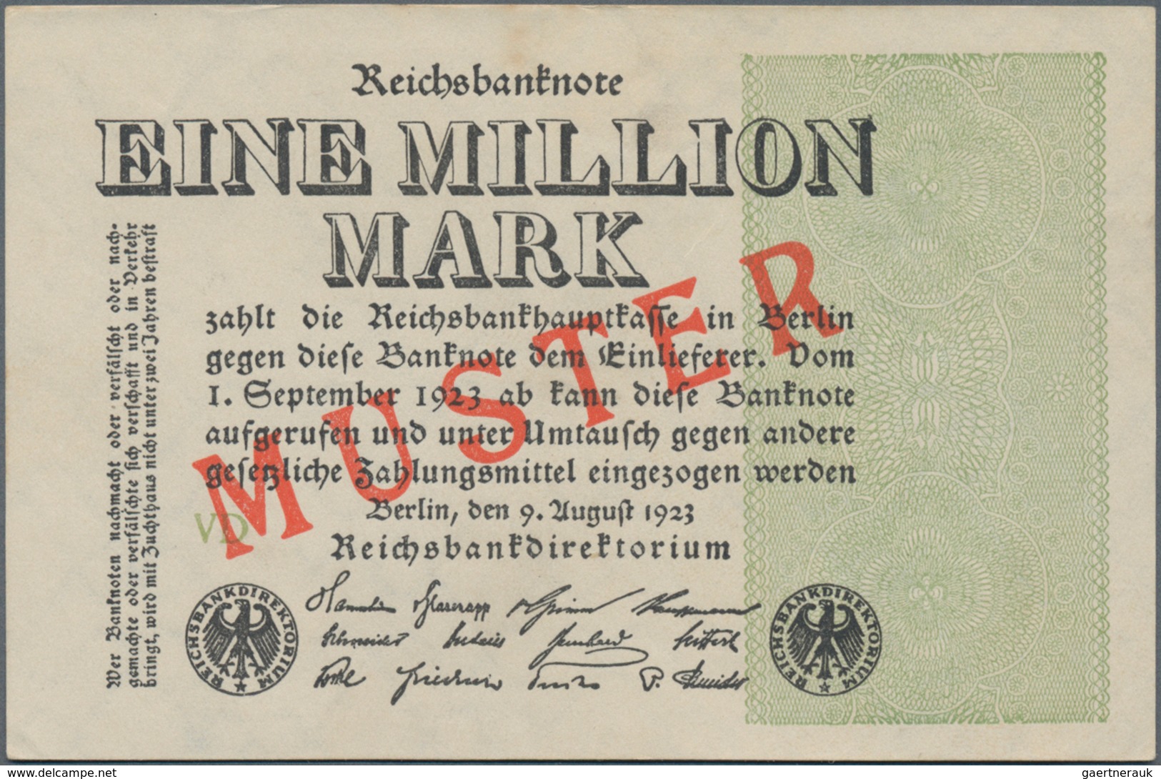 Deutschland - Deutsches Reich Bis 1945: 1 Million Mark 1923 Muster Aus Laufender Serie Mit Fz. VD Un - Andere & Zonder Classificatie