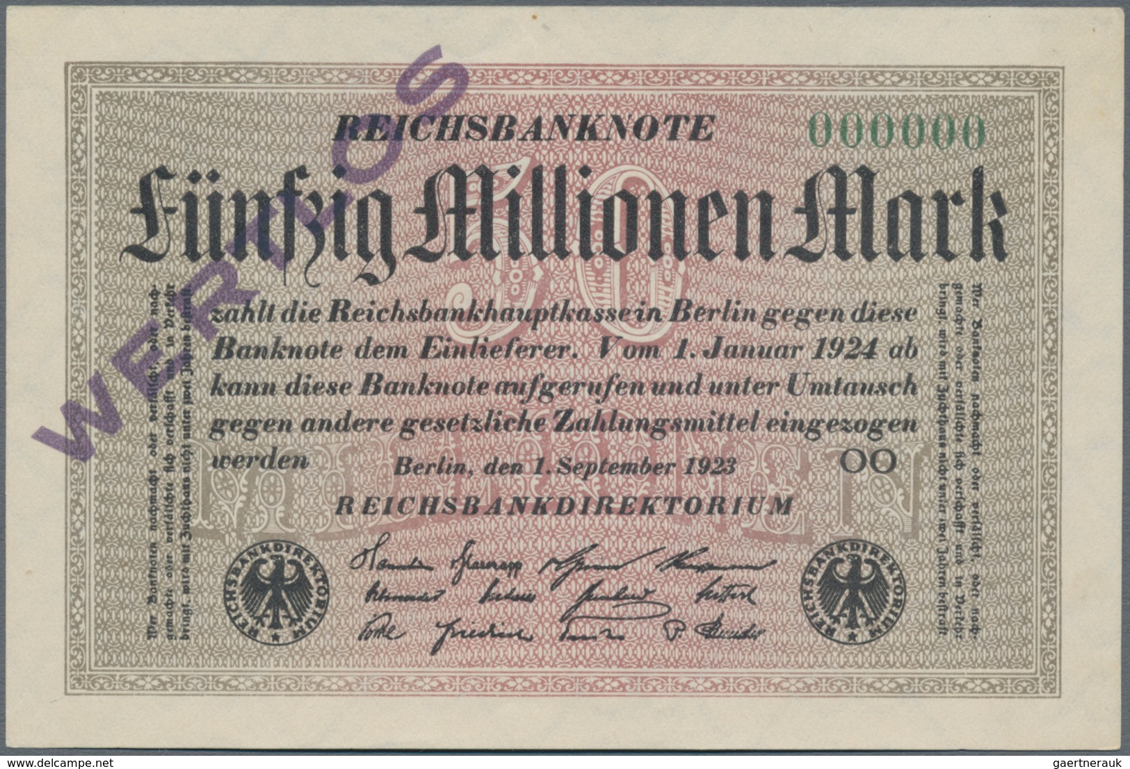 Deutschland - Deutsches Reich Bis 1945: 50 Millionen Mark 1923 MUSTER, Wz. Gitter Mit 8, Fz. OO, Grü - Other & Unclassified