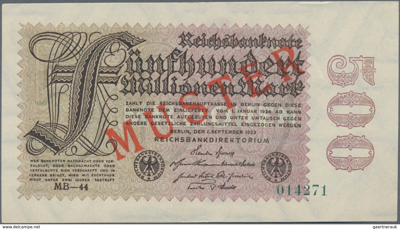 Deutschland - Deutsches Reich Bis 1945: 500 Millionen Mark 1923 Muster Aus Laufender Serie, KN 01427 - Other & Unclassified