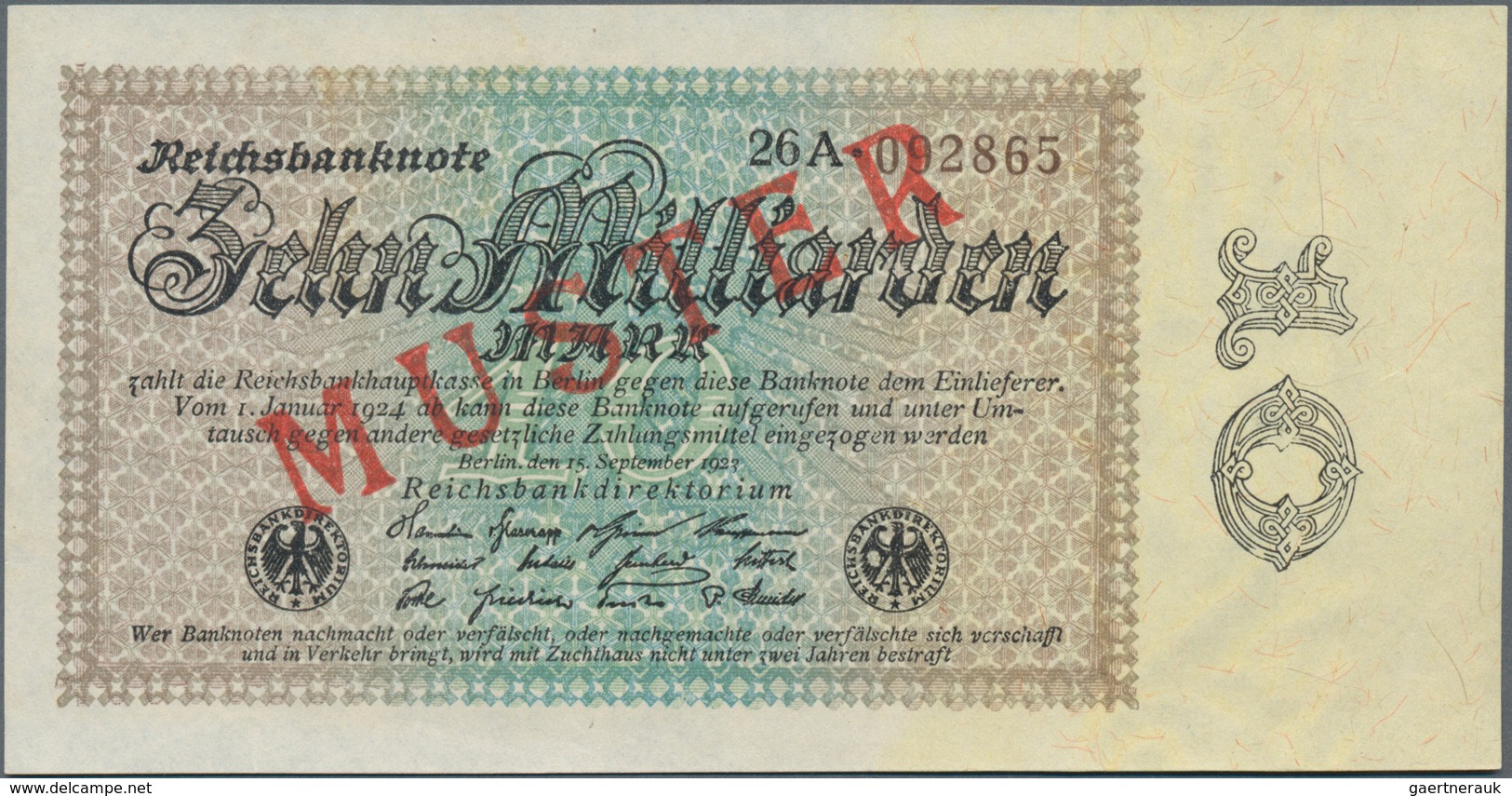 Deutschland - Deutsches Reich Bis 1945: 10 Milliarden Mark 1923 Muster Aus Laufender Serie Mit KN 09 - Other & Unclassified