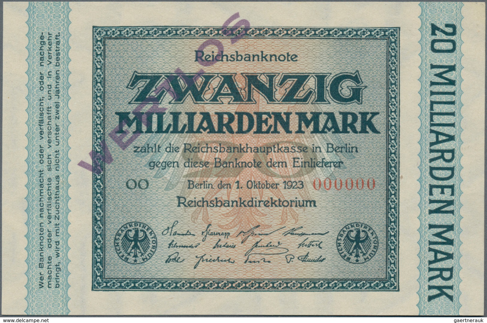 Deutschland - Deutsches Reich Bis 1945: 20 Milliarden Mark 1923 MUSTER, Ro.115M Mit Roter KN 000000, - Autres & Non Classés