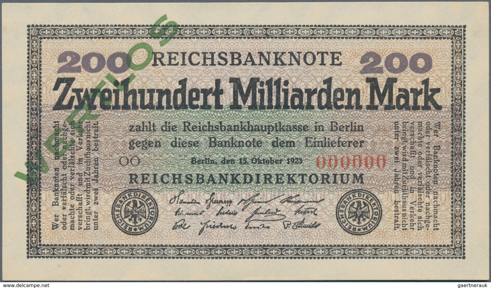 Deutschland - Deutsches Reich Bis 1945: 200 Milliarden Mark 1923 MUSTER, Ro.118M, Mit Roter KN 00000 - Andere & Zonder Classificatie