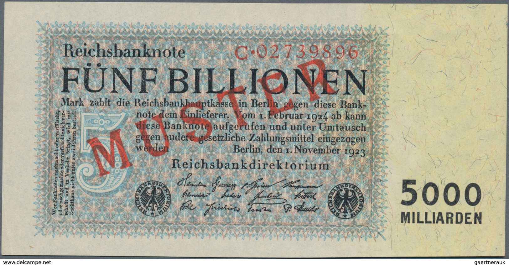 Deutschland - Deutsches Reich Bis 1945: 5 Billionen Mark 1923 MUSTER Aus Laufender Serie, Ro.127M1 M - Other & Unclassified