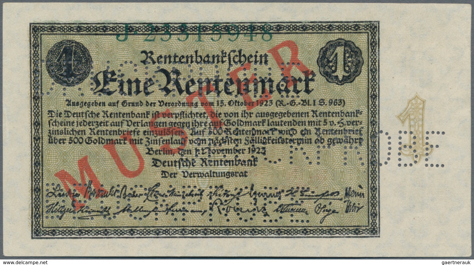 Deutschland - Deutsches Reich Bis 1945: 1 Rentenmark 1923 Muster, Ro.154M, Roter Überdruck "Muster", - Andere & Zonder Classificatie
