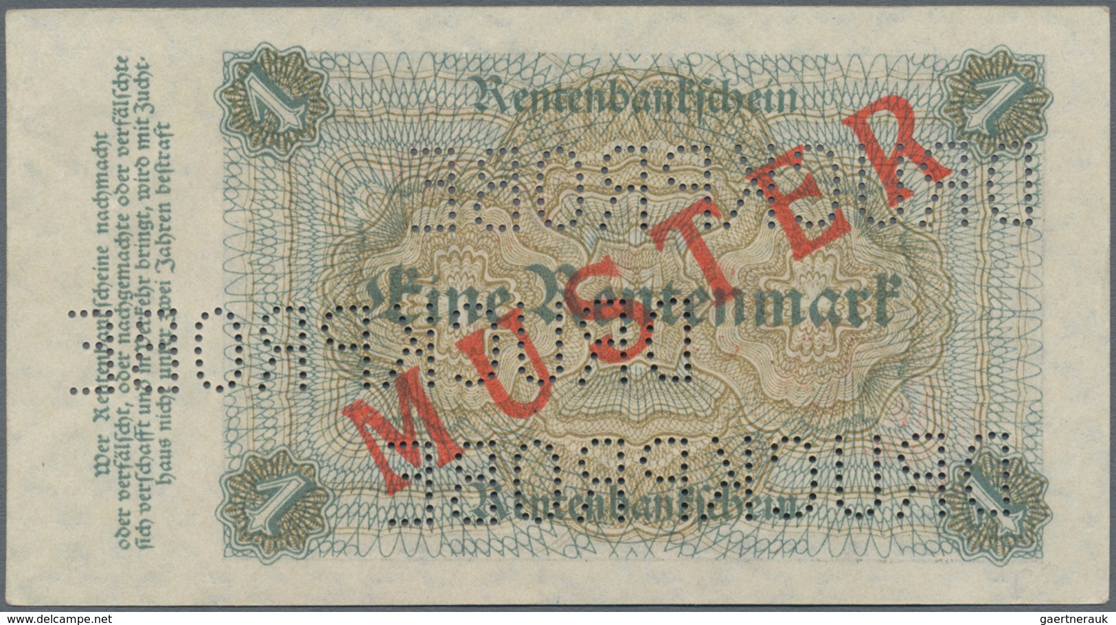 Deutschland - Deutsches Reich Bis 1945: 1 Rentenmark 1923 Muster, Ro.154M, Roter Überdruck "Muster", - Other & Unclassified